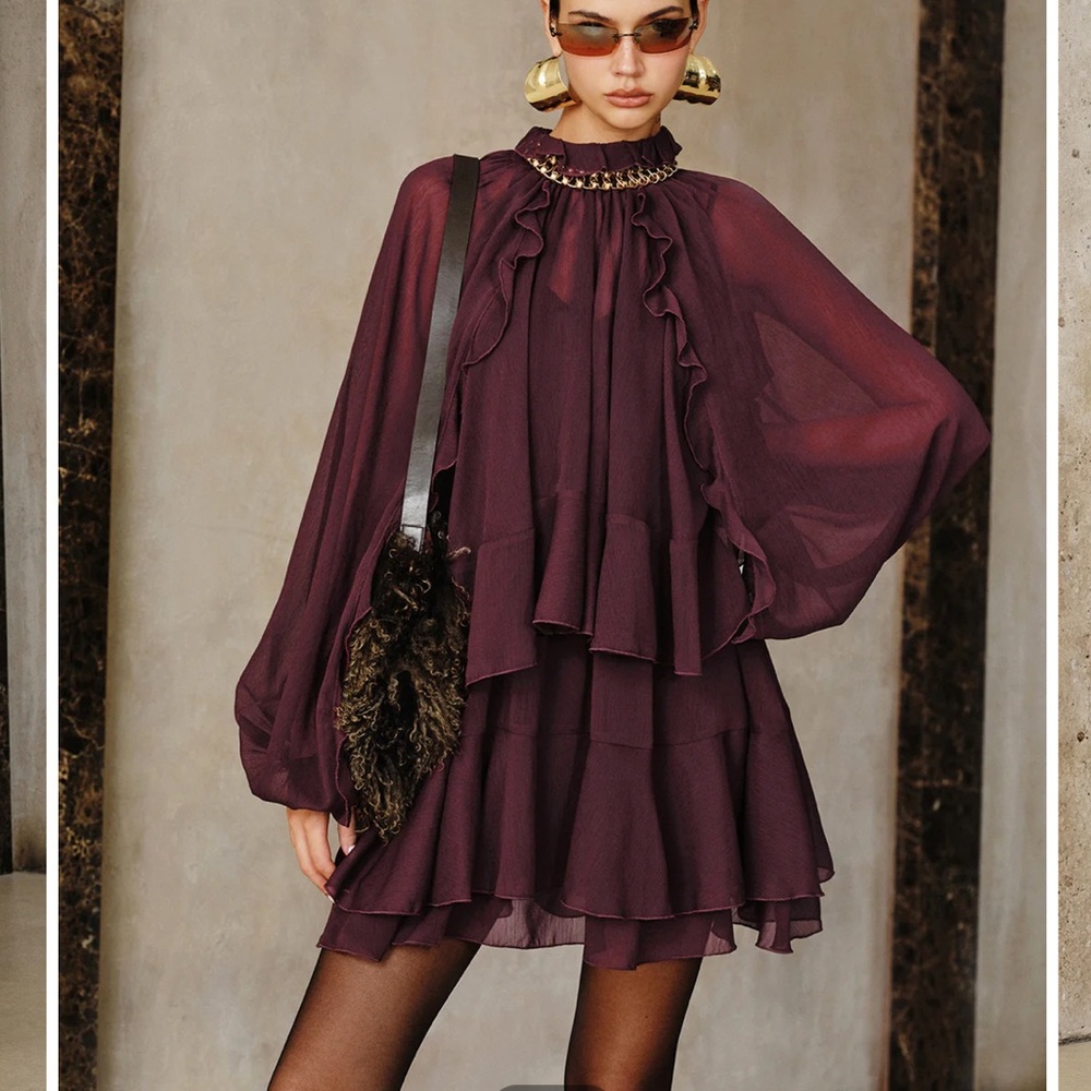 Commense Burgundy Ruffle Mini Dress
